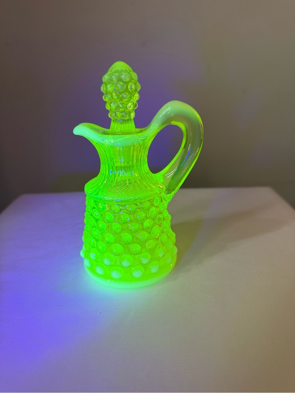 Vintage Fenton Hobnail Vaseline Uranium Glass Cruet with Stopper